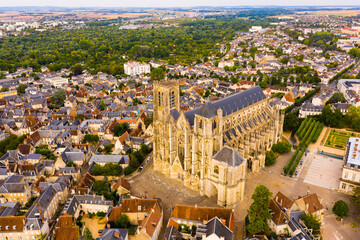 Picturesque summer view from drone of French town of Bourges with Saint-Etienne de Bourges...