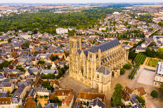 Picturesque summer view from drone of French town of Bourges with Saint-Etienne de Bourges Cathedral, Cher department..