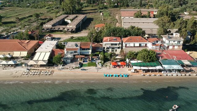 Panoramic aerial view over Gialova seaside city in Navarino bay. It is one of the best touristic places located in Messenia, Greece