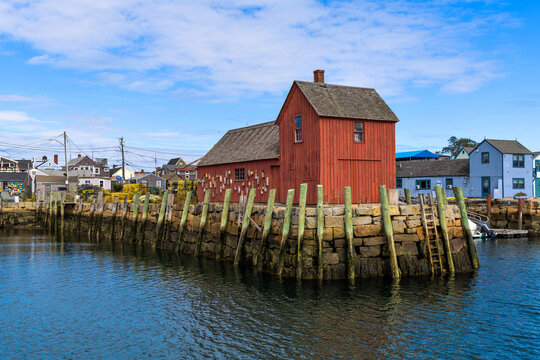 Motif Number 1 - A sunny Autumn morning view of Motif Number 1, a famous replica of a historic fishing shack known as "the most often-painted building in America", at harbor of Rockport, MA, USA.