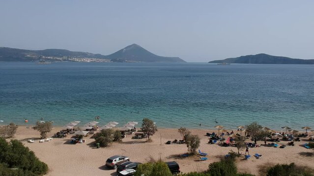Panoramic aerial view over Divari beach near Navarino bay, Gialova. It is one of the best beaches in mediterranean Europe. Beautiful lagoon near Voidokilia from a high point of view, Messinia, Greece