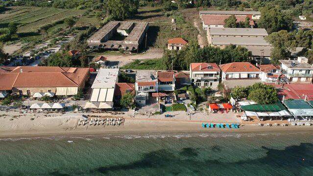 Panoramic aerial view over Gialova seaside city in Navarino bay. It is one of the best touristic places located in Messenia, Greece
