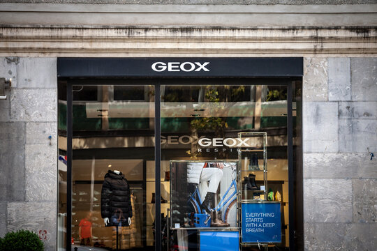 LJUBLJANA, SLOVENIA - SEPTEMBER 15, 2021: Geox logo in front of their local store in Ljubljana. Geox is an Italian shoe manufacturer specialized in waterproof and breathable shoewear.....