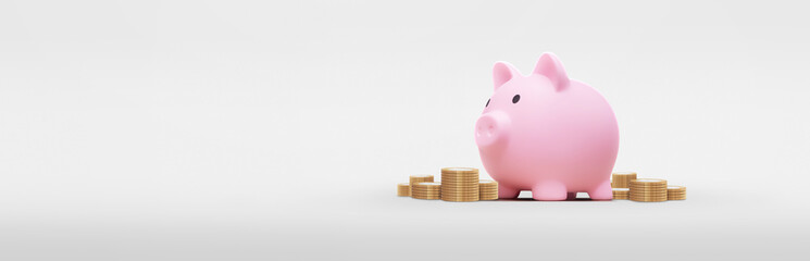Pink piggy bank with several coins on a white background - savings concept - Powered by Adobe