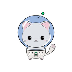 Kosmiczny kotek w kasku i skafandrze. Zabawny i uroczy kot astronauta, szukających przygód w kosmosie. Ilustracja wektorowa. - obrazy, fototapety, plakaty