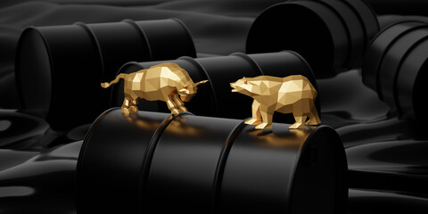 Bull and bear on oil barrels in crude oil 3D render