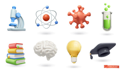 Fototapeta School, science and education icons. Microscope, atom, virus, test tube, books, brain, light bulb, graduation cap 3d render vector set obraz