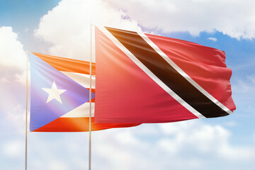 Sunny blue sky and flags of trinidad and tobago and puerto rico