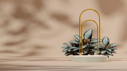 3D rendering mockup white green podium in landscape with gold arch and calathea plant