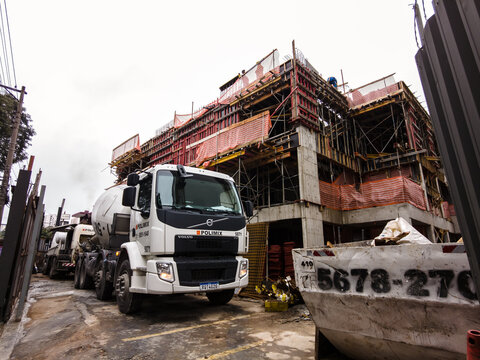 Sao Paulo, Brazil, June 08, 2022. concrete mixer truck for the manufacture of cement and concrete at the construction site of a commercial building Sao Paulo city