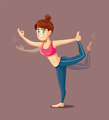 Woman Practicing Yoga Losing Her Equilibrium Vector Cartoon. Fit woman training feeling nauseated having balance problems in yoga pose
