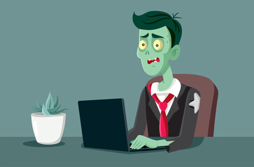Zombie Office Worker Typing on a Computer Vector Cartoon. Tired corporate employee working overtime feeling burnout and dead inside 
