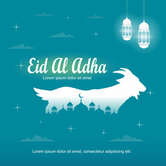 Happy Eid Al Adha greetings with a goat silhouette on a light blue background