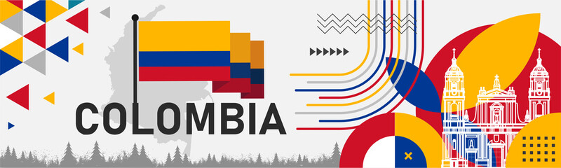 Colombia national day banner with map, flag colors theme background and geometric abstract retro modern blue red yellow design. Colombian theme. Bogota Vector Illustration.