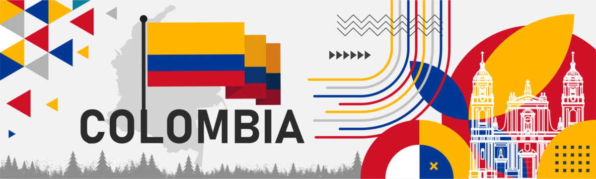 Colombia national day banner with map, flag colors theme background and geometric abstract retro modern blue red yellow design. Colombian theme. Bogota Vector Illustration.