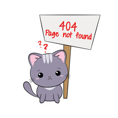 Błąd 404 - strona nie znaleziona. Smutny, zmartwiony kot i baner z napisem. Ilustracja z informacją 