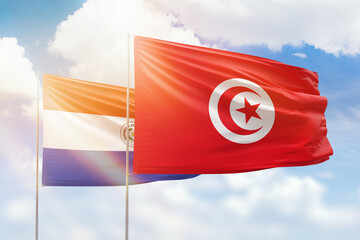 Sunny blue sky and flags of tunisia and paraguay