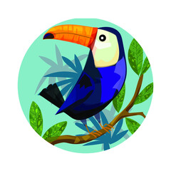 Beautiful toucan tropical bird with trees and branch icon,character, mascot vector illustration.
