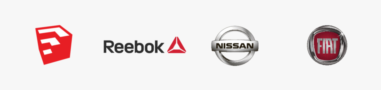 NISSAN logo, SKETCHUP logo, FIAT Logo, REEBOK Logo, Editorial vector logo on white paper.