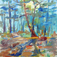 pine forest, summer sunny landscape, oil painting