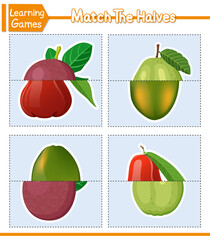 Match The Halves Of Fruits. Matching Game For Kids. Education Developing Worksheet. Vector Illustration. Cute Character Cartoon Style