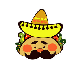 Tacos character sombrero doodle, traditional Mexican food, doodle sketch style vector illustration 