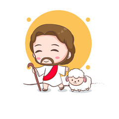 Cute Jesus and the sheep . Chibi cartoon character isolated white background.