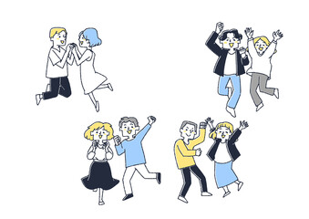 手を取り合い体を弾ませ喜ぶ男女のセット　コミカルな手書きの人物　ベクター、温かみのある線画