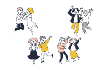 手を取り合い体を弾ませ喜ぶ男女のセット　コミカルな手書きの人物　ベクター、温かみのある線画