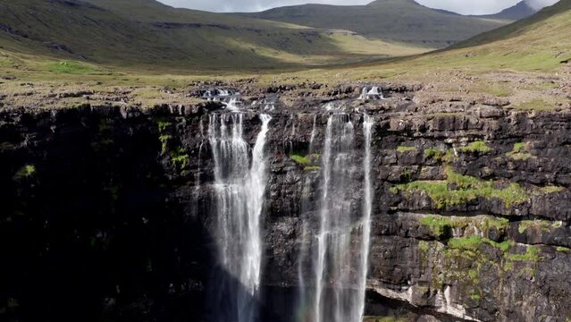 Aerial of a Delightful Fossa Waterfall in Faroe Islands
