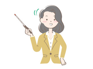 指示棒を持っているスーツ姿の女性