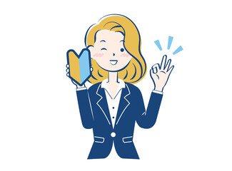 初心者マークを持ったスーツ姿の女性　3c