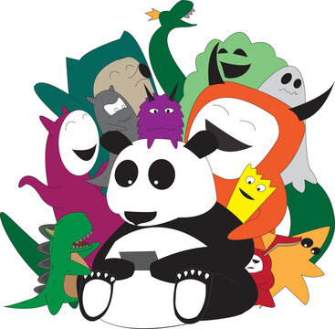 illustration vector graphic of panda and the cute monster. perfect for sticker, banner, t shirt design animation and etc