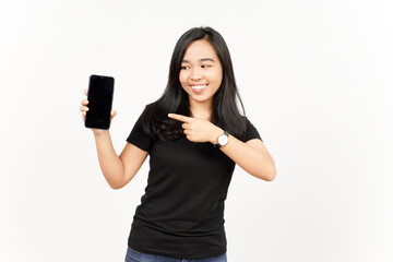 Showing Apps or Ads On Blank Screen Smartphone of Beautiful Asian Woman Isolated On White Background