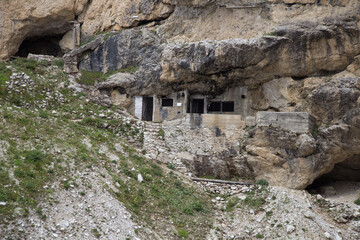 A building in mountain rock, Cengia Martini footpath, Lagazuoi, Italian Alps.