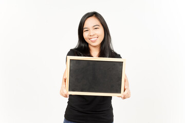 Fototapeta premium Showing, Presenting and holding Blank Blackboard of Beautiful Asian Woman Isolated On White