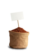 Jasmine red rice in sack with information label on white background with clipping path.