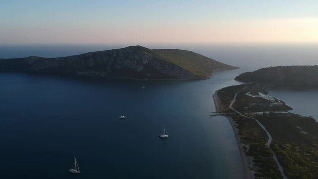 Panoramic aerial view over Divari beach near Navarino bay, Gialova. It is one of the best beaches in mediterranean Europe. Beautiful lagoon near Voidokilia from a high point of view, Messinia, Greece