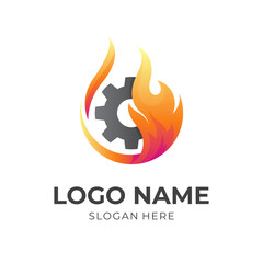 fire engine logo vector, fire and gear combination logo with 3d orange color style