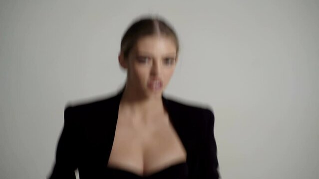 Girl running away with dangerous. Afraid woman run.