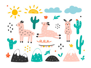 Set of pink llamas isolated on a white background. Collection of ellements for your design. Hand drawn vector illustration including cactus, sun, mountain and clouds