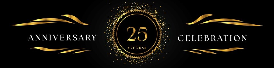 25 years anniversary celebration with golden sunburst on the black elegant background. Design for happy birthday, wedding or marriage, event party, greetings, ceremony, and invitation card.  