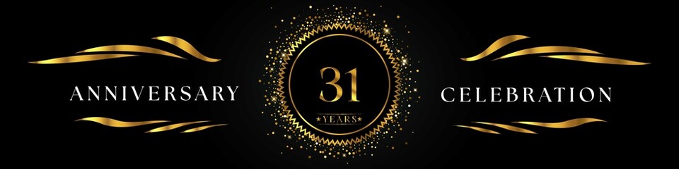 31 years anniversary celebration with golden sunburst on the black elegant background. Design for happy birthday, wedding or marriage, event party, greetings, ceremony, and invitation card.  