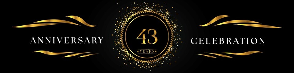 43 years anniversary celebration with golden sunburst on the black elegant background. Design for happy birthday, wedding or marriage, event party, greetings, ceremony, and invitation card.  