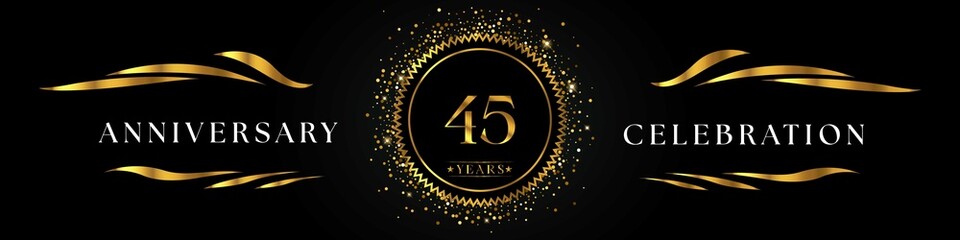 45 years anniversary celebration with golden sunburst on the black elegant background. Design for happy birthday, wedding or marriage, event party, greetings, ceremony, and invitation card.  