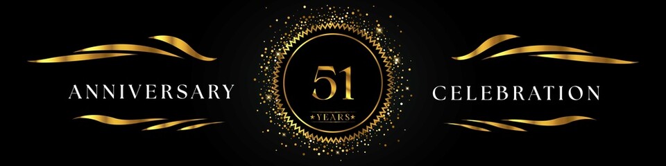 51 years anniversary celebration with golden sunburst on the black elegant background. Design for happy birthday, wedding or marriage, event party, greetings, ceremony, and invitation card.  