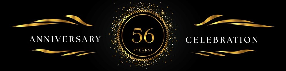 56 years anniversary celebration with golden sunburst on the black elegant background. Design for happy birthday, wedding or marriage, event party, greetings, ceremony, and invitation card.  