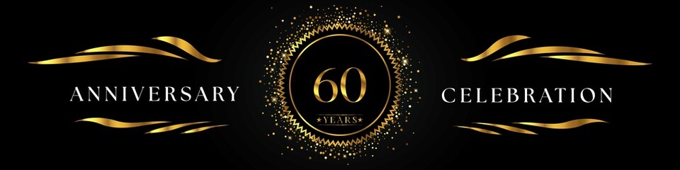 60 years anniversary celebration with golden sunburst on the black elegant background. Design for happy birthday, wedding or marriage, event party, greetings, ceremony, and invitation card.  
