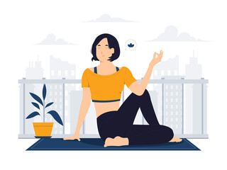 Beautiful young woman practicing yoga at home, Relaxed and patient smiling with closed eyes meditating to calm down, do breathing exercises with hands in zen gesture concept illustration