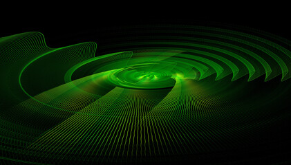 3D illustration. Fractal. Green grid curved into a circle on a black background. Graphic element, texture for web design.